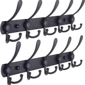 Dseap Coat Rack Wall Mounted - 5 Tri Hooks, Heavy Duty, Stainless Steel, Metal Coat Hook Rail for Coat Hat Towel Purse Robes Mudroom Bathroom Entryway (Black, 2 Packs)