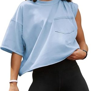ATHMILE Womens Oversized T-Shirts Short Sleeve Workout Crop Tops Casual Drop Shoulder Boxy Roll Hem Basic Loose Tees